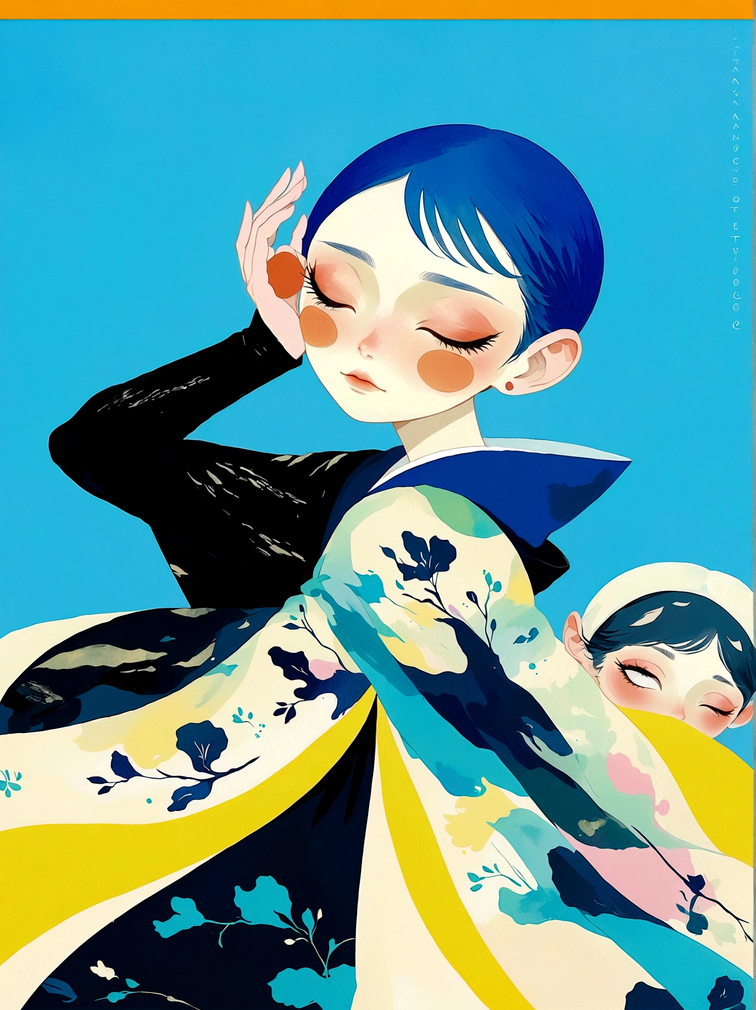 girl，Blue short hair，Japanese clothing，Japanese horror style Japanese pop surrealism, author：Yukika Kosaka, Nguyen Gia and Joao Nguyen, 
