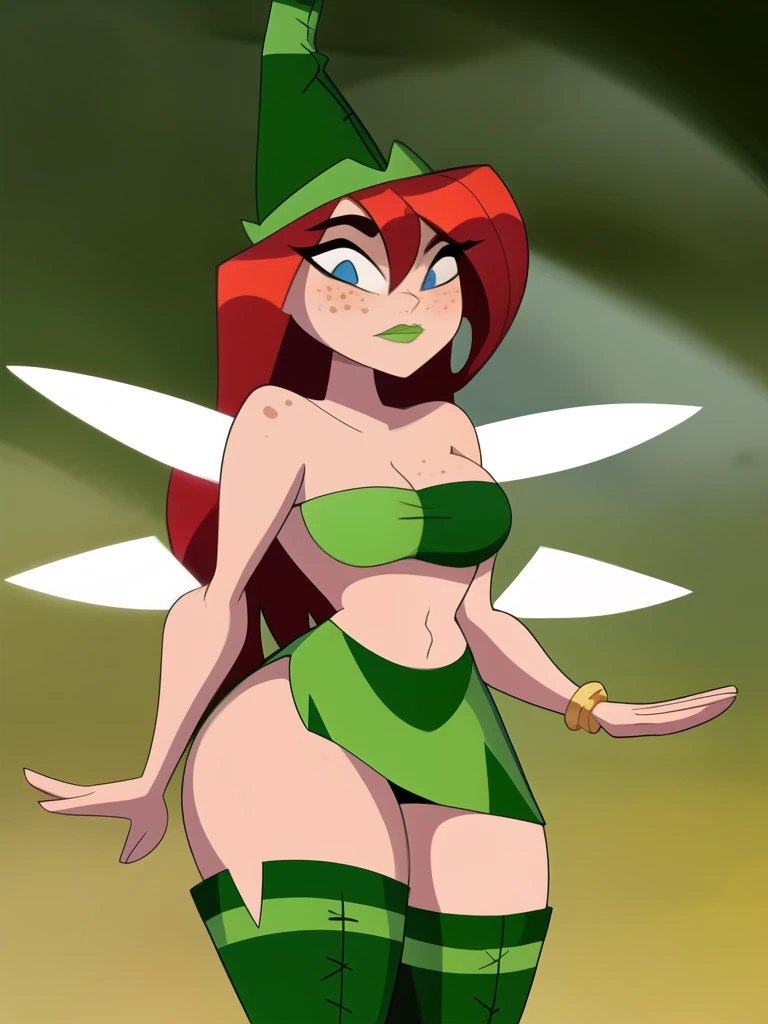 Derrick J Wyatt style, solo, 1girl, betilla, fairy, wings, light-skinned with freckles, long red hair, blue eyes, pointed green hat, strapless green top, green mini skirt, green knee-high boots
