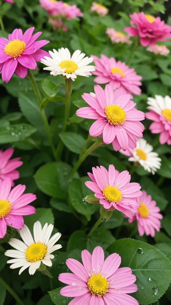 Close-up photo of flowers、There are raindrops on it、Natural light、Sharp details、Background is blurred、Colourful and lively