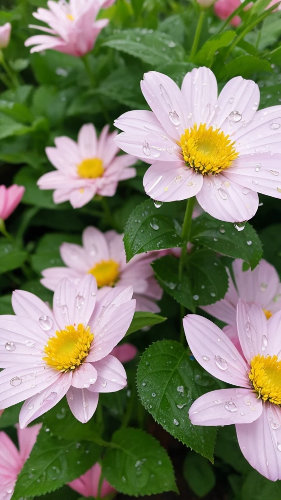 Close-up photo of flowers、There are raindrops on it、Natural light、Sharp details、Background is blurred、Colourful and lively