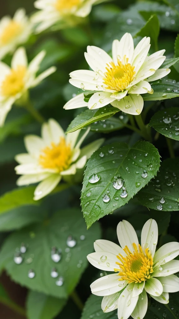 Close-up photo of flowers、There are raindrops on it、Natural light、Sharp details、Background is blurred、Colourful and lively