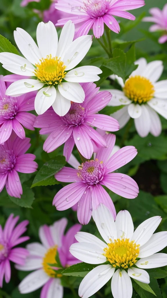 Close-up photo of flowers、There are raindrops on it、Natural light、Sharp details、Background is blurred、Colourful and lively