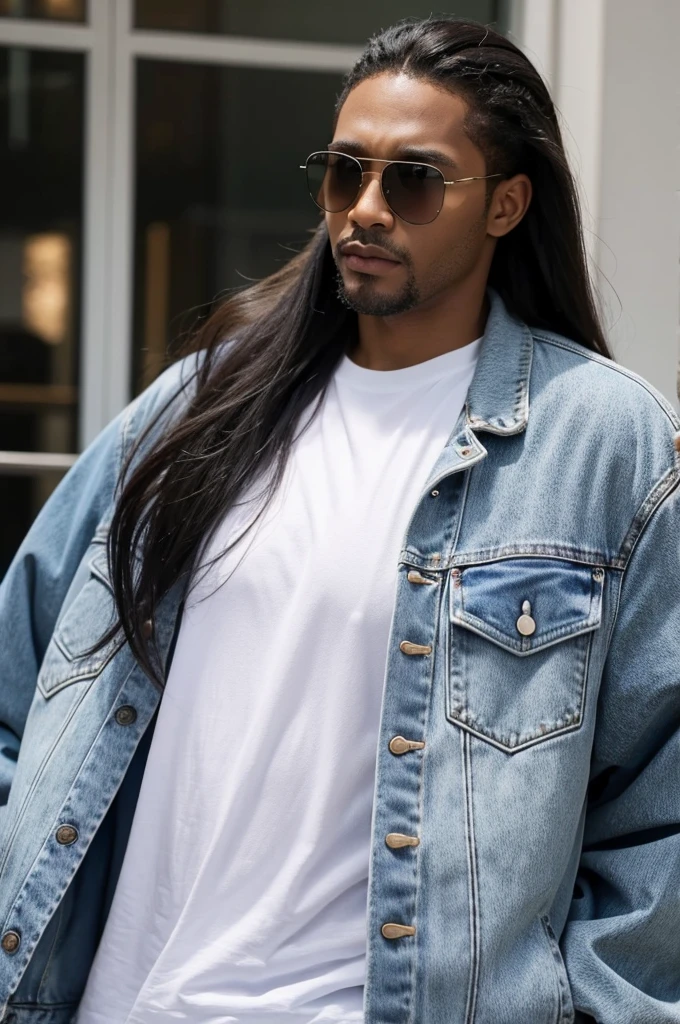 Long-haired black man in his 30s with sunglasses,Blue jacket,white tee,jeans