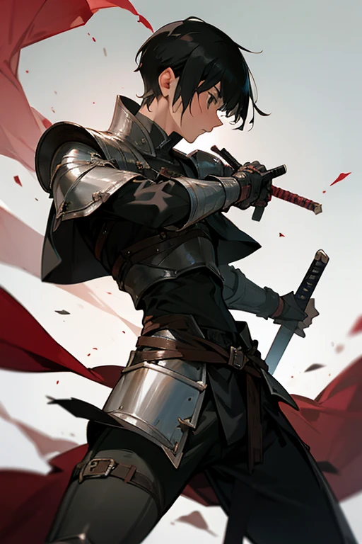A injured swordsman with short black hair wearing leather armor.