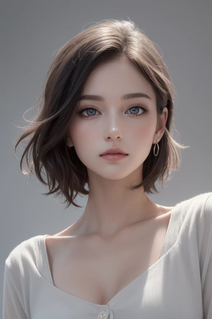 8K Ultra HD、RAWphotograph、モデルphotograph撮影、 European Fashion、(masterpiece、Highest quality、Realistic、High resolution、photograph:1.3)、close、focus on、Hot Model、slim、30 year old mature woman、Small face、No makeup、short hair、Beautiful dark brown Hayne eyes、Genuineスキン、(Perfect body)、Sexy hot face、erotic、sexual sight、slim、dress、Long sleeve、Beautiful eyes in every detail、Glossy lips、Small breasts、Small breasts、((Bright light、Dynamic Lighting、Genuine、超Genuine、 realism、Genuineなディテール、Cool Beauty、Cool pose、Background gray、Plain gray background