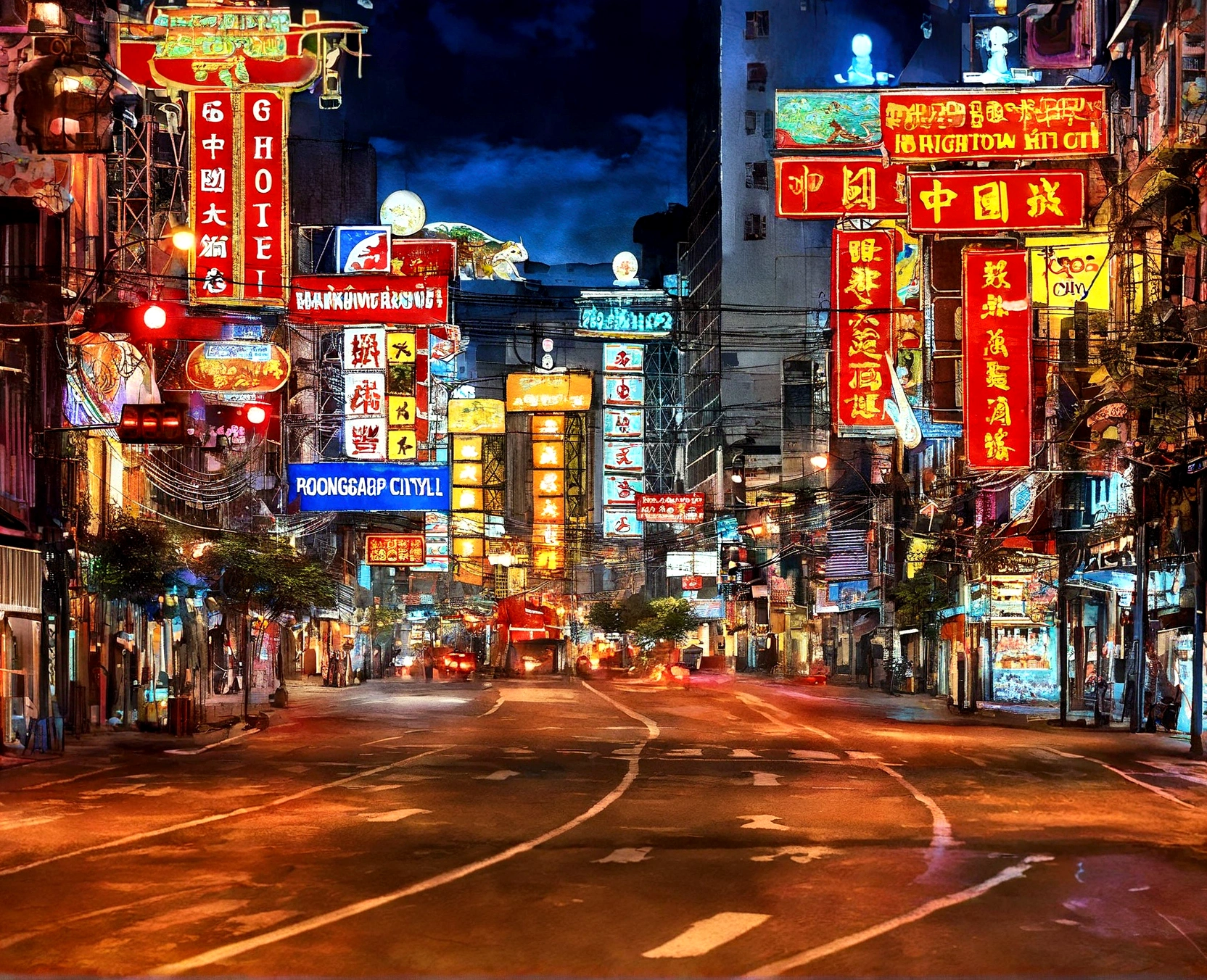 araful city street with many signs and buildings lit up at night, china town, chinatown, china town blade runner, bright neon lights from the city, city neon light, neon signs in background, colorful neon signs, street of bangkok, neon city in the background, city midnight neon lights, neon lights everywhere, neon megacity in the background