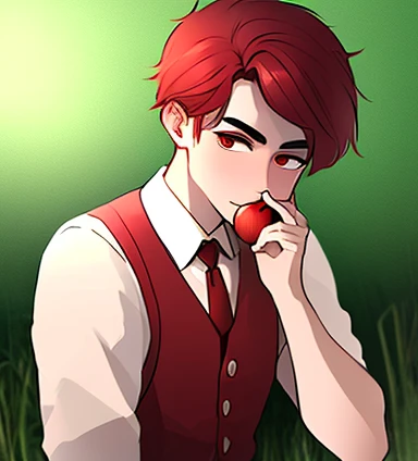 a boy with asymmetric short undercut red hair, piercing eyes, a prominent eyebrows, rosy cheeks, eating a juicy red apple, wearing a Victorian-style vest and lace collar, standing in a lush meadow with a unicorn, (best quality,4k,8k,highres,masterpiece:1.2),ultra-detailed,intricate details, striking colors, dramatic lighting, stallintheunicow, brushy, painterly, drawing, painting