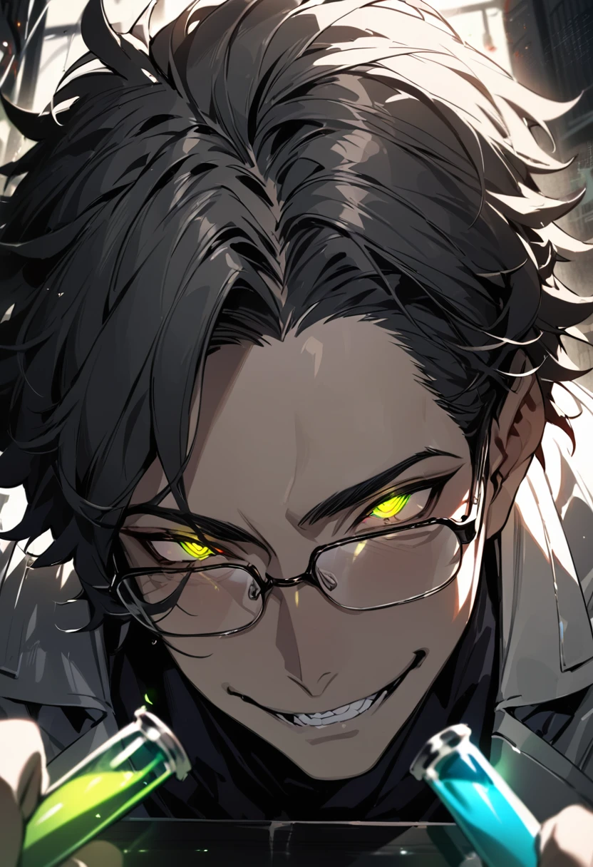 (masterpiece, best quality), detailed face, solo, 1man, messy short hair, bishounen, mad scientist, scientist coat, glasses, lens flare, maniacal smile, sharp eyes, glowing eyes, holding science test tube, in laboratory, dark shadows, contrast, science, sinister, portrait, top-down perspective, handsome
