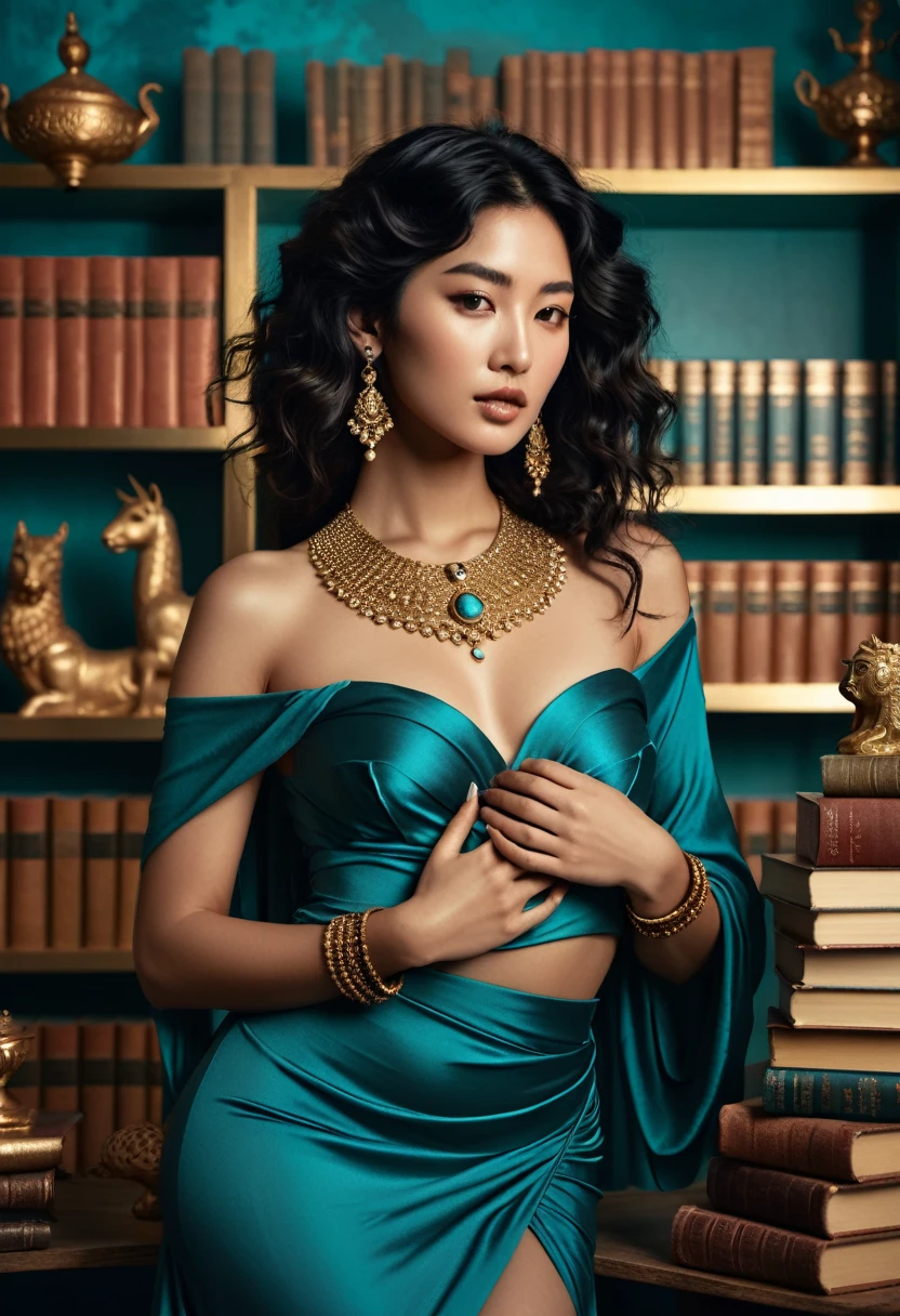 (A half-asian, asian-european, woman with black wavy hair in the style of a greek goddess. bronze skin. Aphrodite, goddess, divine aura) (teal and bronze colours) (high contrast background) (wearing ancient jewellery on upper arms, neck, wrists, fingers) (polaroid camera) (RAW photo, nikon, 8k, Super detailed, advanced details, intricate details, Super detailed) (award-winning photo, masterpiece) (in a islamic art inspired library) (flashing one breast) (lifting her skirt) (parting her long split skirt to show her long beautiful legs) (golden high heels) ((full body)) ((perfect anatomy)) ((detailed background with contrast, and details of books and art)