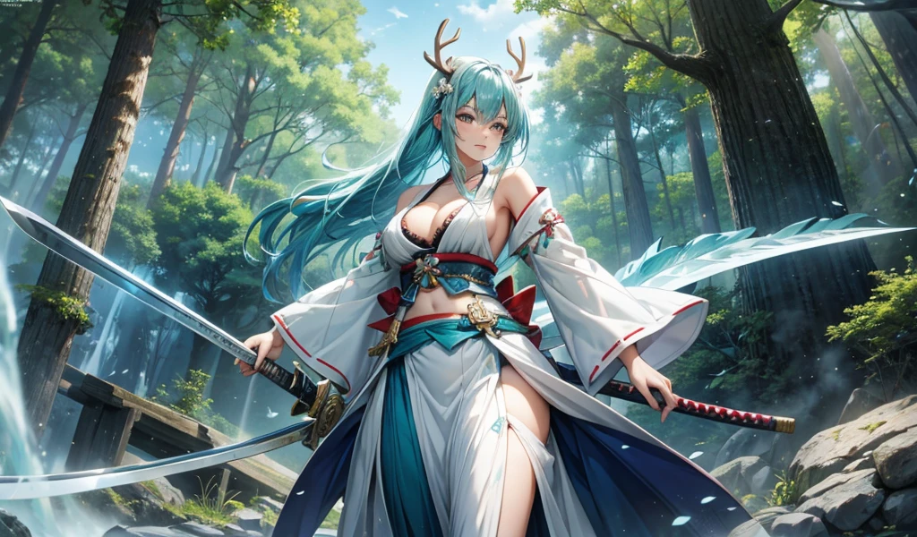 Beautiful woman with aqua blue hair and antlers,White Kimono,Bare waist,Abdominal muscles,Bare arms,cleavage,Long skirt,Samurai sword,Cave,Trees