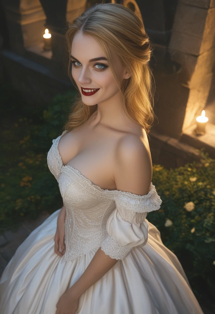 Cara Delevingne, score_9, score_8_above, score_7_above, 1girl, large_breasts, royal_garden, medieval_castle, elegant_green_dress, off_shoulder_dress, evil_smile, cute_woman, blonde, long_hair, side view, from_above, night, moonlight, cinematic film still, RAW photo, perfect lighting, volumetric lighting, Galadriel, stuning, goddess, (vampire:1.5), blue_eyes