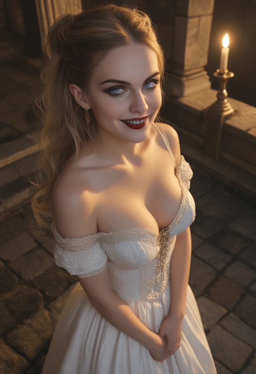 Cara Delevingne, score_9, score_8_above, score_7_above, 1girl, large_breasts, royal_garden, medieval_castle, elegant_green_dress, off_shoulder_dress, evil_smile, cute_woman, blonde, long_hair, side view, from_above, night, moonlight, cinematic film still, RAW photo, perfect lighting, volumetric lighting, Galadriel, stuning, goddess, (vampire:1.5), blue_eyes