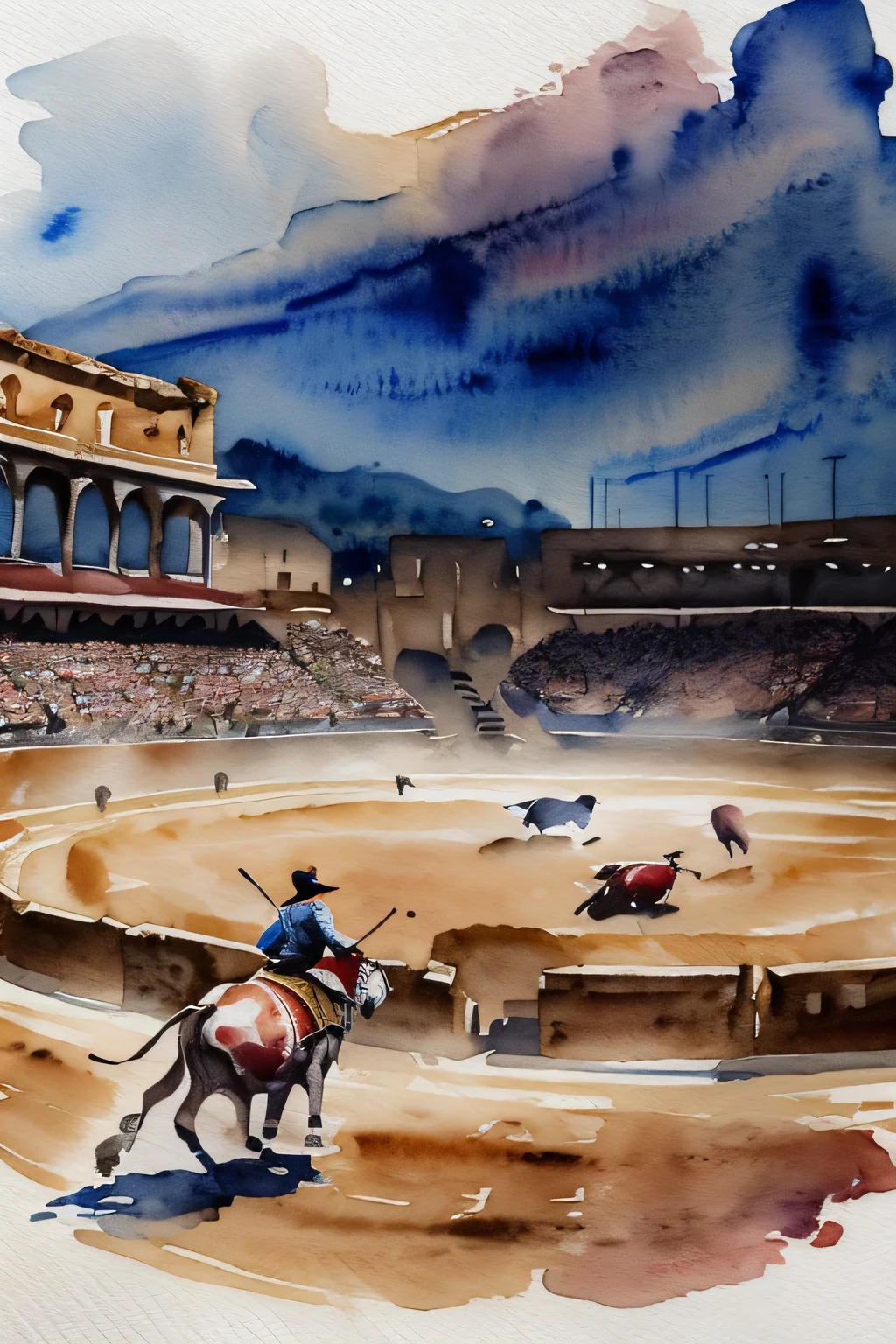 ((( Watercolor sketch of a bullfight in the arena of Ronda ))) 8k big bull in the bullring in Spain city of Ronda , glamorous (( Pascal Campion-Stil ))