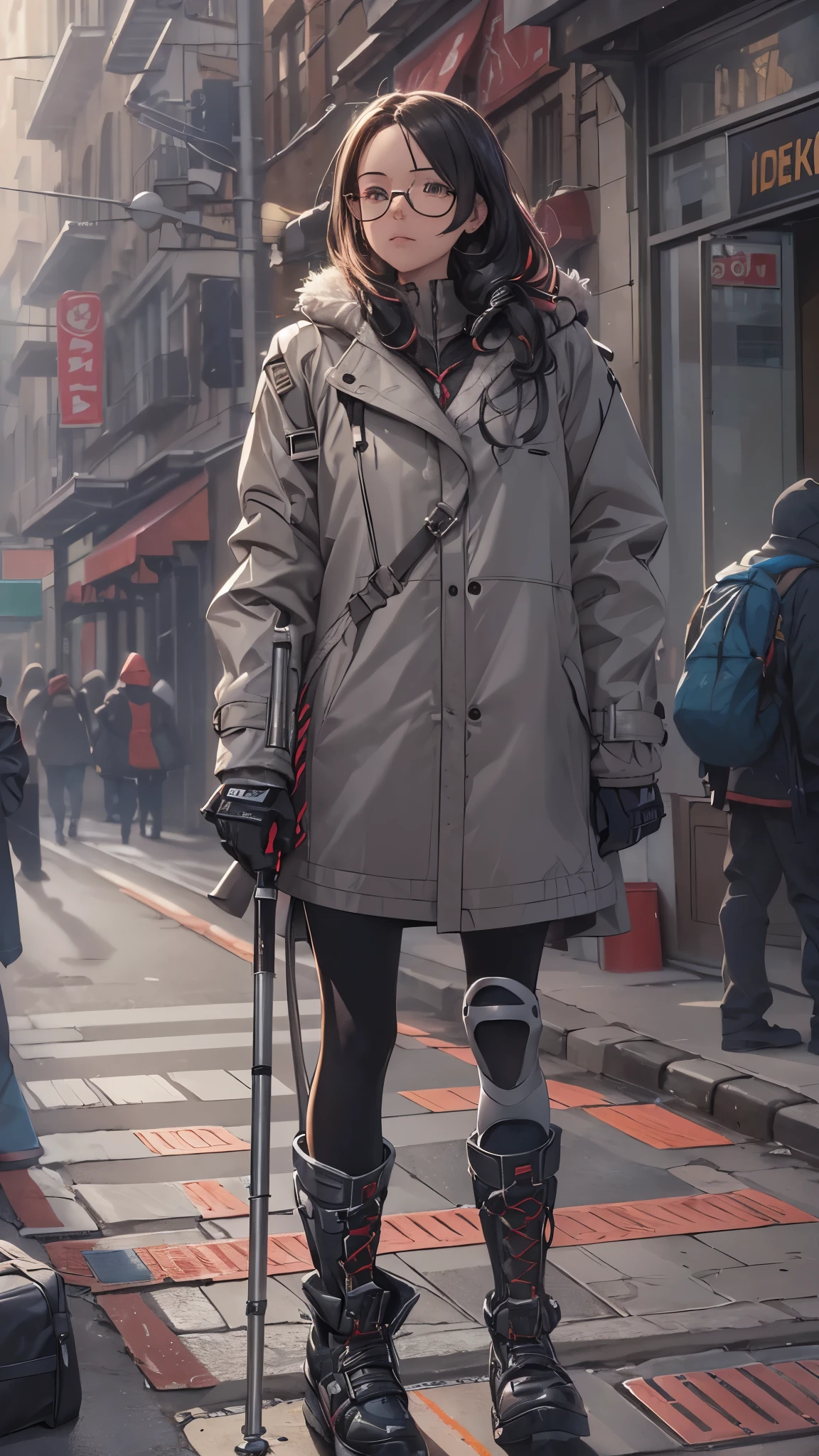 (Very detailed, Realistic), Cityscape, [moderately:Oil], [Professional:1.1], [Physically Based Rendering], [Bright colors], [Sharp focus], [Studio Lighting], [Extreme Detail], [Highest quality,4K,8K,High resolution,masterpiece:1.2],(Detailed face),((inside the street)),((there is many peoples in the street)),((One 18-year-old woman)),(Glasses),(Black unkempt hair),(dark),(it hurts),(Scary),[Nervous eyes],((many peoples are watching her of crutche’s user)), ((many peoples are watching her of crutche’s user)), ((many peoples are watching her of crutche’s user)),((She walks with crutches,Crutch length from armpit,Crutches are at her side)),((she’s putting on her legs in cast)),((leg braces)),((leg braces)),((she’s crutches user)),((Her feet are turned inwards)),(winter clothes ladies fashion,trench coat,tights),((lace-up-long-boots)),(gloves,Knee pads),.