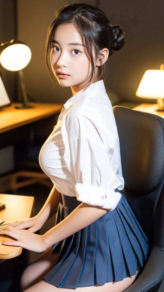 (Highest quality, 8K, masterpiece ), A -yeld jua young face、Bun hairstyle、 Short Hairstyles、The eyes are large and clear、Large Breasts、Black Hair、My shirt is about to tear、Glamour thighs:1.2、satin button down shirt, Highly detailed face, double eyelid, Round face:1.2、whole body、Sexy thighs:1.2、Round face:1.3、Side angle,Diagonal horizontal angle:1.2、Pleated mini skirt、Sitting in a chair in a dark office at night with the lights out、A computer is placed in a dark office at night with the lights off.