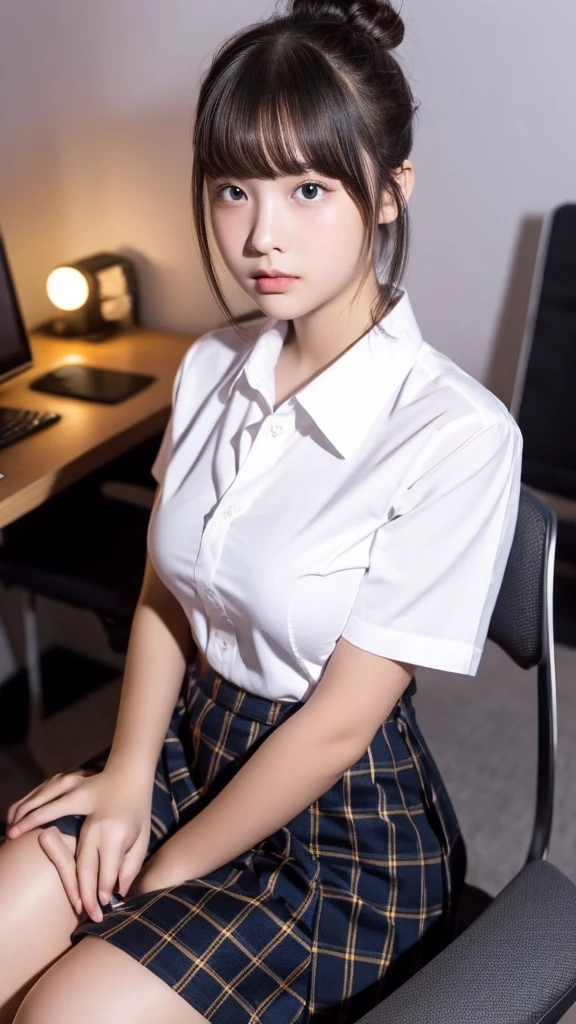 (Highest quality, 8K, masterpiece ), A 12-year-old junior high school student with a young face、Bun hairstyle、 Short Hairstyles、The eyes are large and clear、Large Breasts、Black Hair、My shirt is about to tear、Glamour thighs:1.2、satin button down shirt, Highly detailed face, double eyelid, Round face:1.2、whole body、Sexy thighs:1.2、Round face:1.3、Side angle,Diagonal horizontal angle:1.2、Pleated mini skirt、Sitting in a chair in a dark office at night with the lights out、A computer is placed in a dark office at night with the lights off.