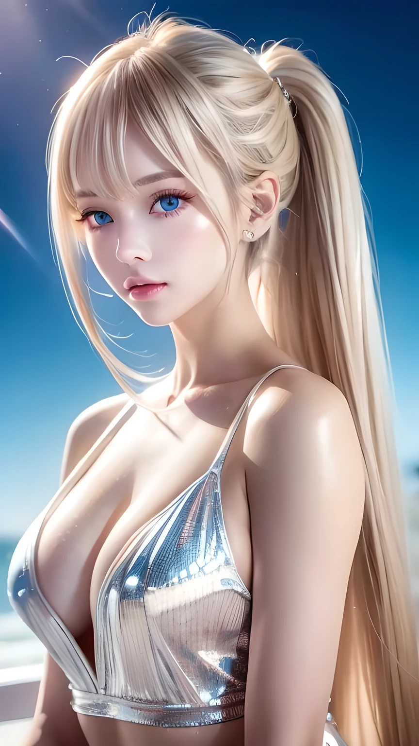 Portrait、、Bright expression、ponytail、Young, lustrous, glowing, white skin、Cheek highlight、The best beauty、Clear, silky blonde hair with dazzling highlights、Shiny bright hair,、Super long silky straight hair、Shiny beautiful bangs、Big bright blue eyes like sparkling jewels、Very beautiful lovely cute 16 year old girl、Ample Bust