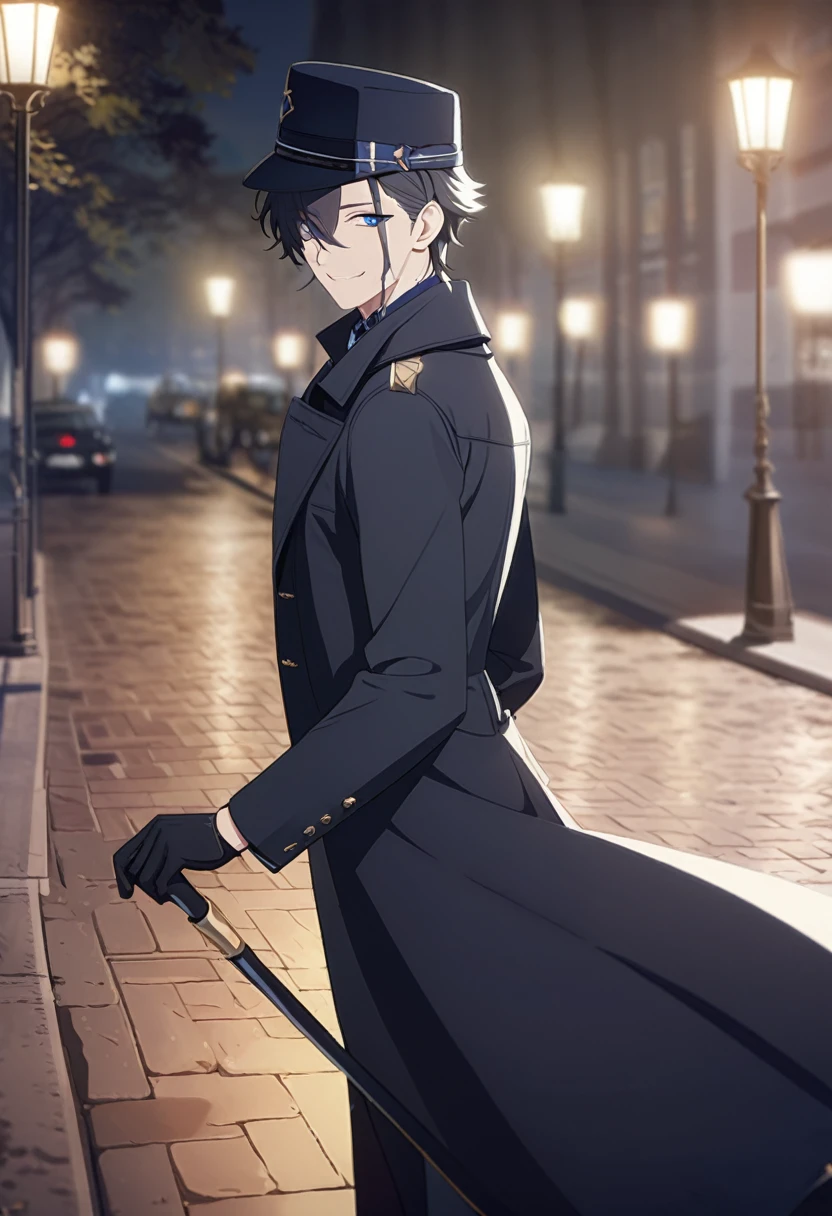 masterpiece,best quality,depth of field,8K,looking at the viewer,dark gray hair,blue eyes,man,close,Street lamp,black long coat,black business hat,stylish cane,smiling,male,(charismatic eyes 1;1),wseifuku,chic,