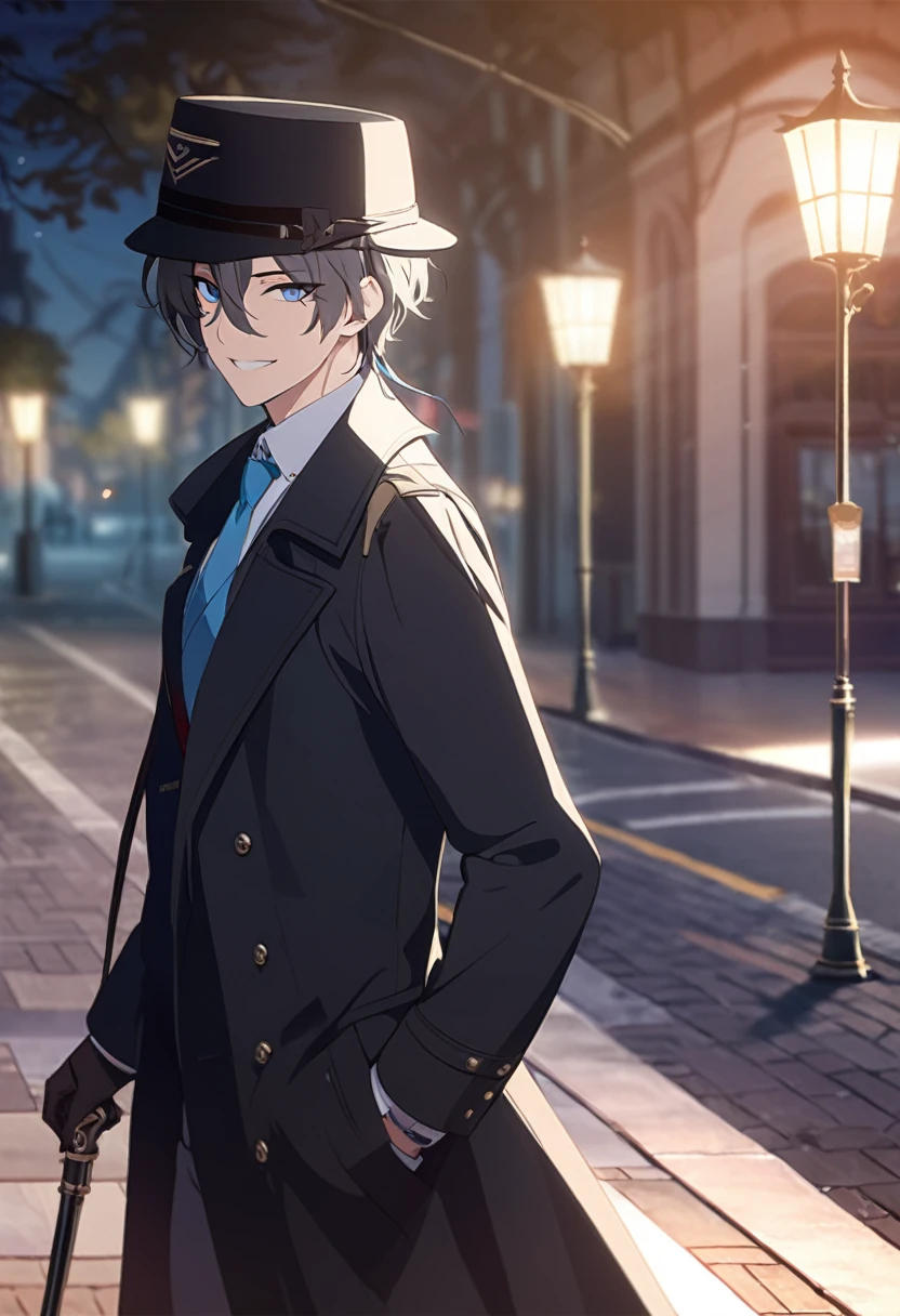 masterpiece,best quality,depth of field,8K,looking at the viewer,dark gray hair,blue eyes,man,close,Street lamp,black long coat,black business hat,stylish cane,smiling,male,(charismatic eyes 1;1),wseifuku,chic,