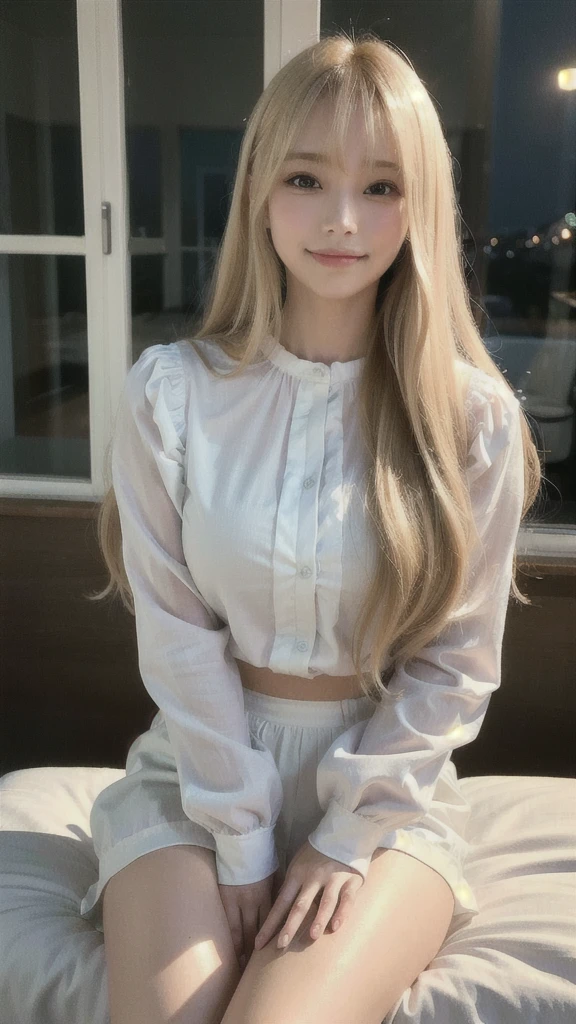 (best quality), (realistic, photo-realistic:1.3), masterpiece:1.2, an extremely delicate and beautiful, extremely detailed, CG, unity, 8K, amazing, finely detail, ultra-detailed, highres, absurdres, soft light, (((long blonde hair, bangs))), beautiful detailed girl, detailed fingers, extremely detailed eyes and face, beautiful detailed nose, beautiful detailed eyes, beautiful delicate glossy lips:0.9, (light on face), (looking at viewer), (closed mouth:1.2), 1girl, cute, ((thigh:1.5)), ((innocent face)),young,(((Puff sleeve blouse, (medium breasts), realistic face, realistic body, Film Grain:0.6, Ray tracing:0.6, Dynamic Range:0.3, median:0.4, (semi smile:1.3)、Night view