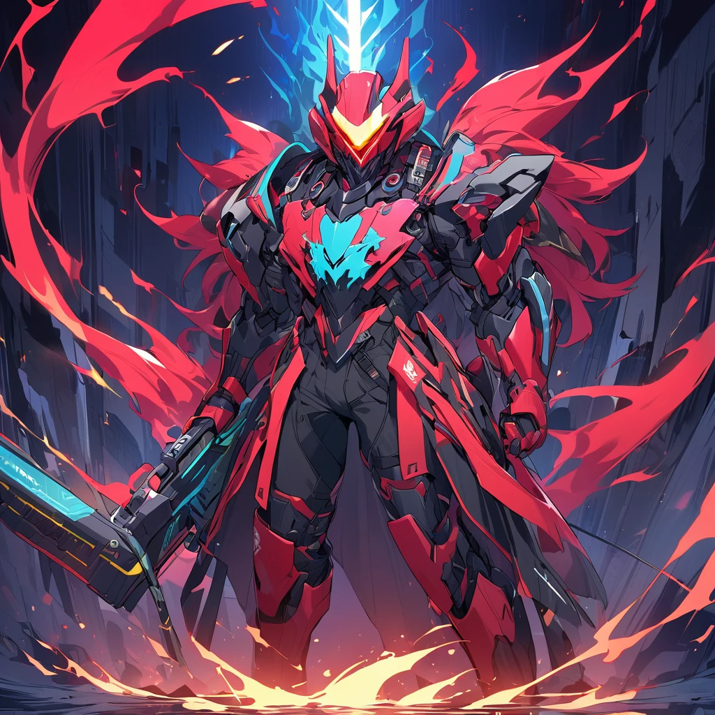 A captivating illustration of Silco, the arcane champion, standing tall in his stunning neon red and black cyber armor. The armor's "DIF" design on the helmet, predominantly black with striking red accents, shows his affiliation. On the chest he sports the "WildFire" emblem in fire red and flame yellow, adding a touch of intense energy to his ensemble. Equipped with a sleek one-handed assault rifle, Silco exudes unwavering confidence and determination. The image encapsulates the perfect blend of futuristic technology, cyberpunk aesthetics and a sense of imminent danger.