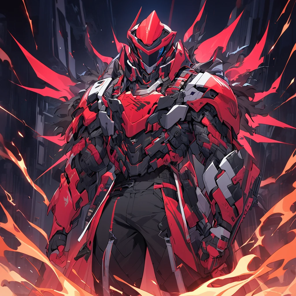 A captivating illustration of Silco, the arcane champion, standing tall in his stunning neon red and black cyber armor. The armor's "DIF" design on the helmet, predominantly black with striking red accents, shows his affiliation. On the chest he sports the "WildFire" emblem in fire red and flame yellow, adding a touch of intense energy to his ensemble. Equipped with a sleek one-handed assault rifle, Silco exudes unwavering confidence and determination. The image encapsulates the perfect blend of futuristic technology, cyberpunk aesthetics and a sense of imminent danger.