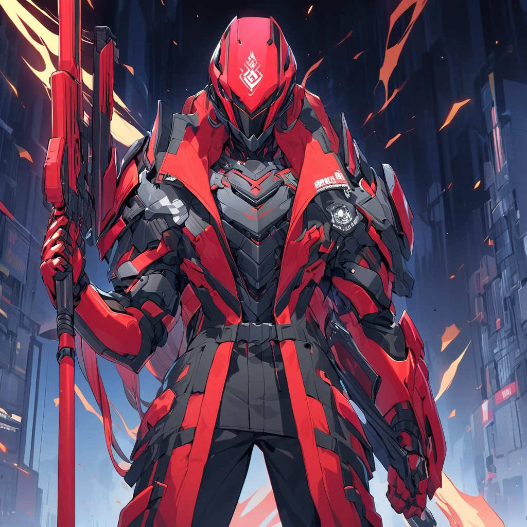 A captivating illustration of Silco, the arcane champion, standing tall in his stunning neon red and black cyber armor. The armor's "DIF" design on the helmet, predominantly black with striking red accents, shows his affiliation. On the chest he sports the "WildFire" emblem in fire red and flame yellow, adding a touch of intense energy to his ensemble. Equipped with a sleek one-handed assault rifle, Silco exudes unwavering confidence and determination. The image encapsulates the perfect blend of futuristic technology, cyberpunk aesthetics and a sense of imminent danger.