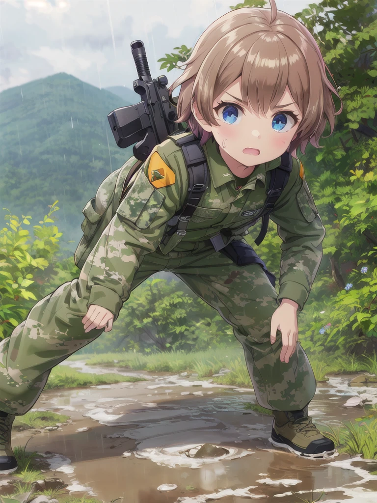 high quality,masterpiece,12 years old,blue eyes,Outdoor,顔 focus,Brown Hair, short hair, Military camouflage uniform,Green helmet,heavy rain,In the mountains,cloudy,Muddy clothes,He has a gun,Crawling on the ground,Point the gun this way,serious,Ruthless eyes,Intense gunfight,explosion,Many corpses
