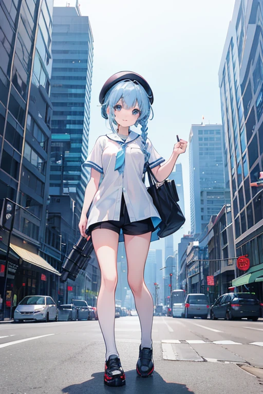 Had a rocket launcher１人のGirl　beret　Shorts　White dress shirt　Looking at this　Girl　Light blue hair　Braid　smile　In the city