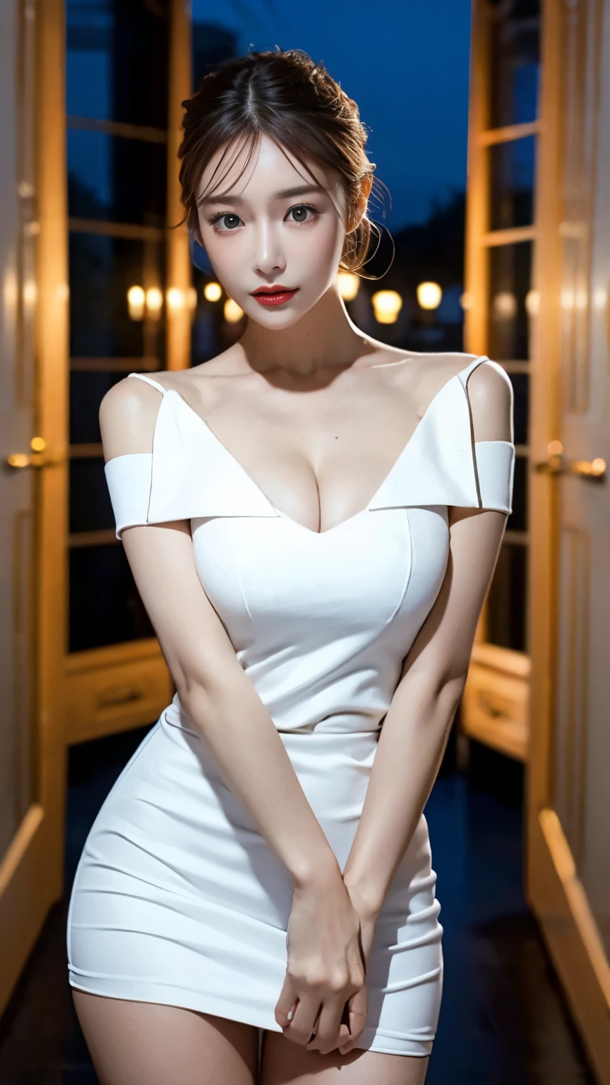 (Get used to it, masterpiece, Highest quality, Complex),
Cinema Lighting、(Key Light:Front 45 degree angle, Subsidy light、Backlight、Shadow、Blue and orange color palette), Accurate human body、Knowledgeable person、Correct five-finger、Cowboy Shot,(night、Dark Room:1.8),
1 Female、(Gloss Lip、Gloss Eye、eyeliner、Long eyelashes、Oily skin:1.3, Beautiful white, Glowing Skin、Beautiful skin in every detail:1.2, compensate:1.2)、Mega Big 、Mature Woman,wife,huge 、Big cleavage、Off-the-shoulder tight Sweater knit dress、Detailed Background、Someone knowledgeable、Women in estrus、Invite men、Dark and cold lighting、Entrance to the apartment、Pause,Sweat,vapor,、doorway,thin and long beautiful legs、Front view、
