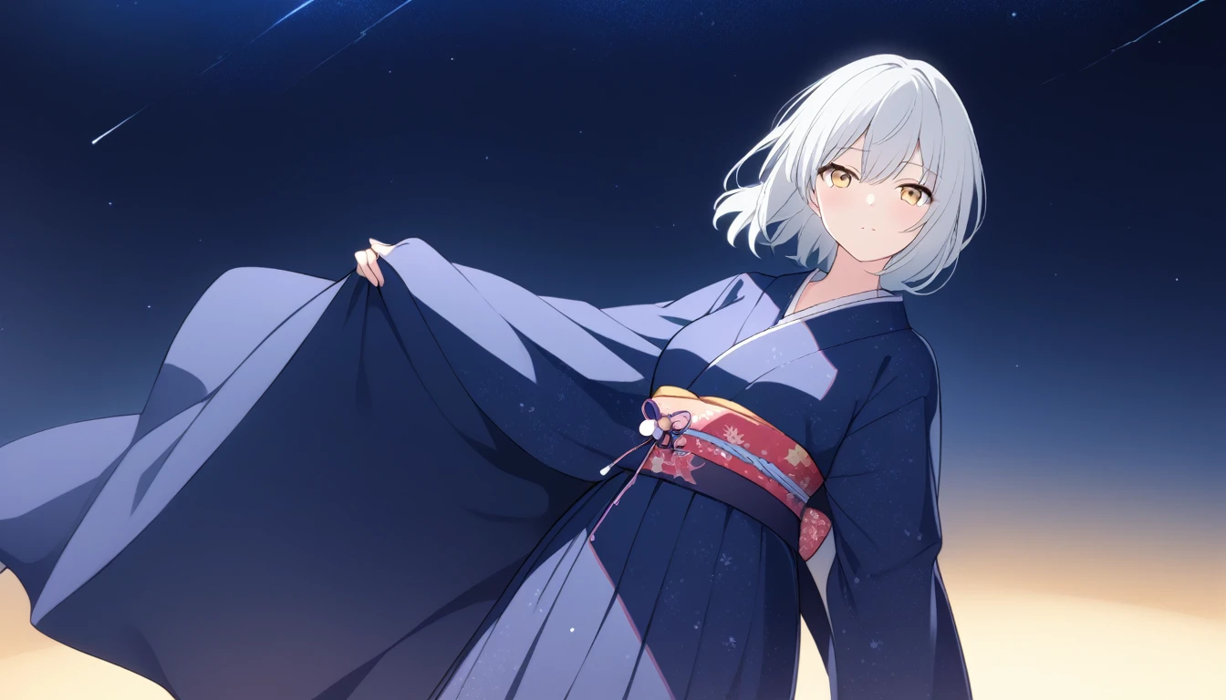 1girl, silver hair, blonde eyes, right side character, ((background main)), midnight, beautiful stars, sandy beach, girl looking sky, yukata, full star night, (((anime style, ultra quality, top quality)))