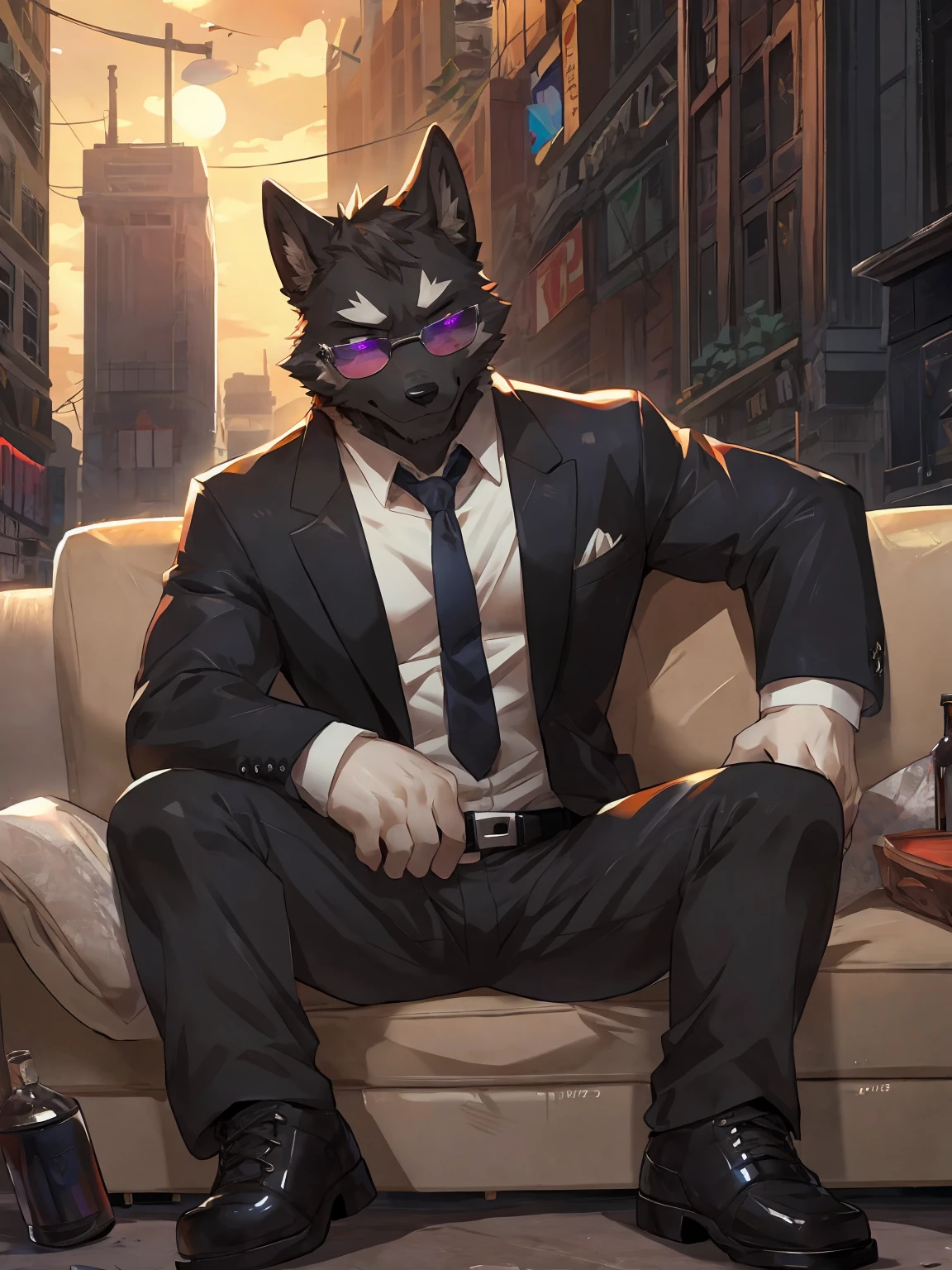 embedding:Black wolf，purple eyes, male, Scar on the face, Single Person,black fur,Black tattoo on his arm.Eyebrow studs,Broken eyebrow,black Sunglasses,Mob boss,Gangsters,Black suit,Leather shoes,A dark scene,Black tone,Dark style,Sitting on a plush sofa,In a luxury building,Overbearing,A sense of oppression,Best quality hands, best quality eye，detailed fur，Delicate eyes.Extreme picture quality，by sollyz,by zixiong,by milkytiger1145