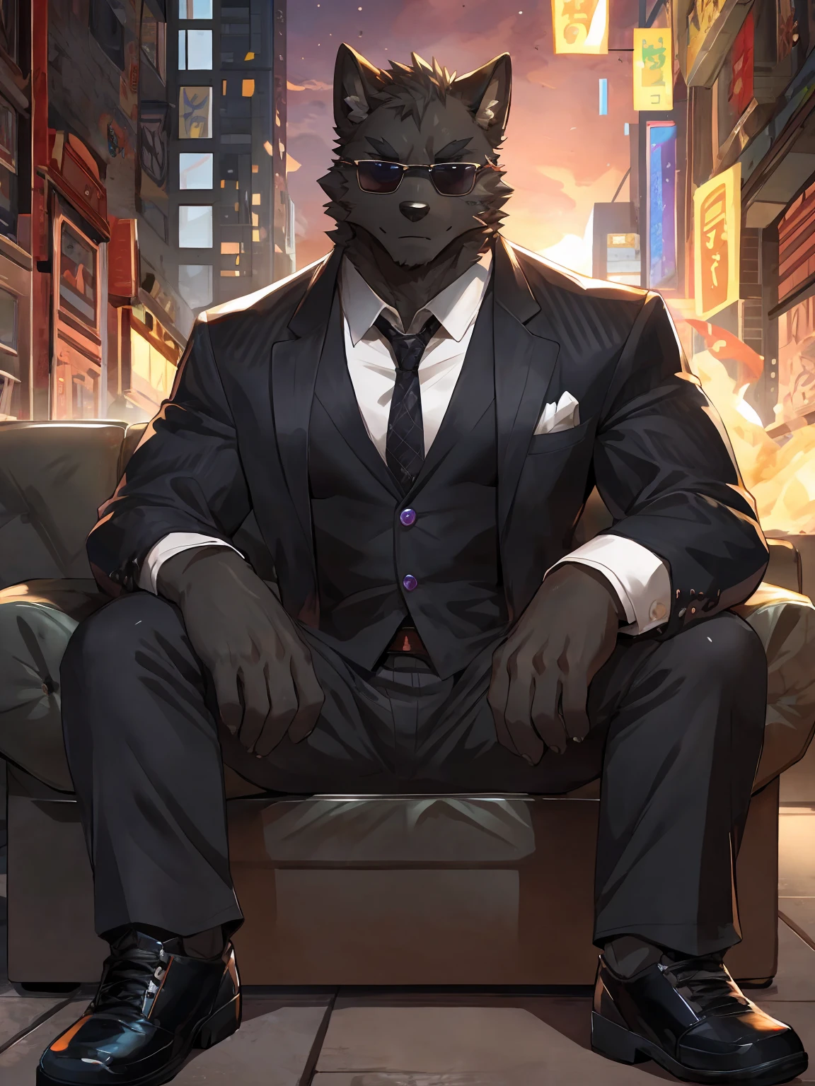 embedding:Black wolf，purple eyes, male, Scar on the face, Single Person,black fur,Black tattoo on his arm.Eyebrow studs,Broken eyebrow,black Sunglasses,Mob boss,Gangsters,Black suit,Leather shoes,A dark scene,Black tone,Dark style,Sitting on a plush sofa,In a luxury building,Overbearing,A sense of oppression,Best quality hands, best quality eye，detailed fur，Delicate eyes.Extreme picture quality，by sollyz,by zixiong,by milkytiger1145