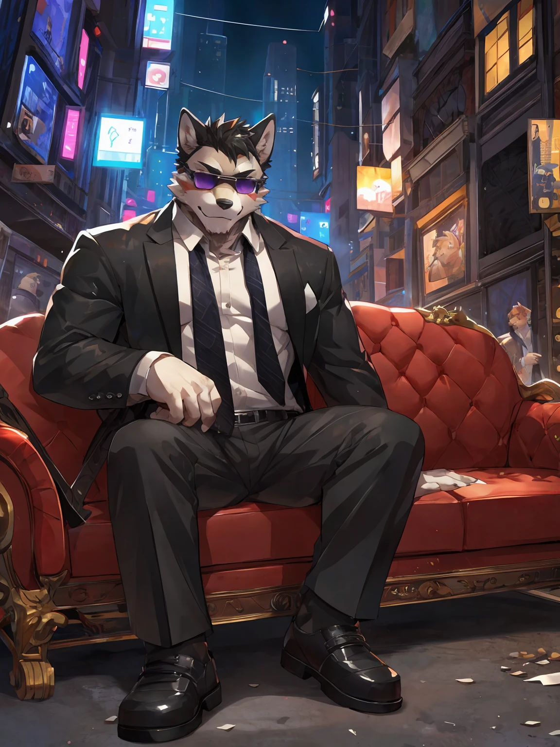 embedding:Black wolf,purple eyes, male, Scar on the face, Single Person,black fur,Black tattoo on his arm.Eyebrow studs,Broken eyebrow,black Sunglasses,Mob boss,Gangsters,Black suit,Leather shoes,A dark scene,Black tone,Dark style,Sitting on a plush sofa,In a luxury building,Overbearing,A sense of oppression,Best quality hands, best quality eye,detailed fur,Delicate eyes.Extreme picture quality,by sollyz,by zixiong,by milkytiger1145