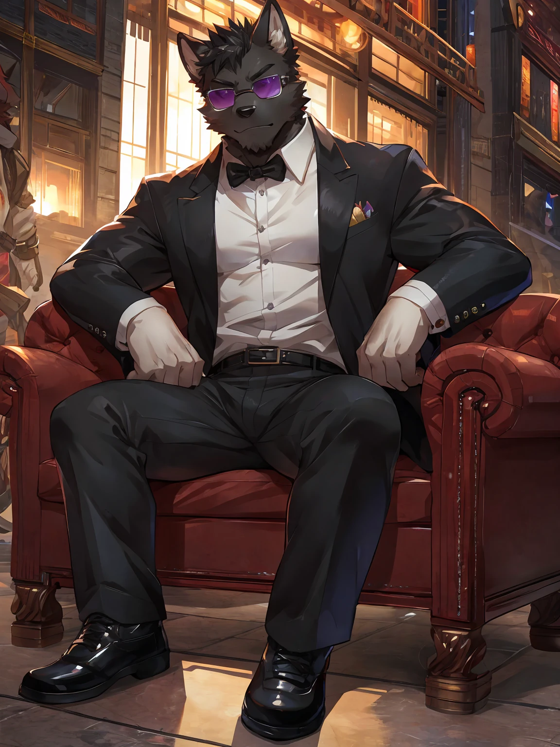 embedding:Black wolf，purple eyes, male, Scar on the face, Single Person,black fur,Black tattoo on his arm.Eyebrow studs,Broken eyebrow,black Sunglasses,Mob boss,Gangsters,Black suit,Leather shoes,A dark scene,Black tone,Dark style,Sitting on a plush sofa,In a luxury building,Overbearing,A sense of oppression,Best quality hands, best quality eye，detailed fur，Delicate eyes.Extreme picture quality，by sollyz,by zixiong,by milkytiger1145