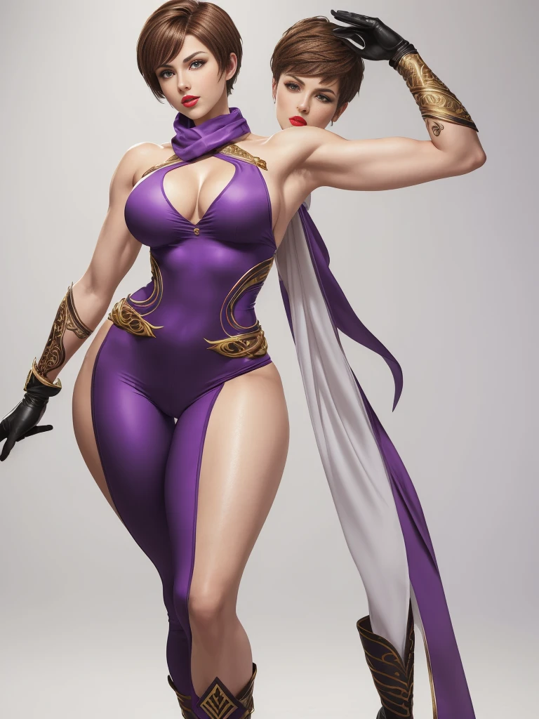 ((best quality)), ((4k)), ((highres)), ((masterpiece:1.2)). ((detailed)), ((ultra realistic)), ((intricate details)), ((full body picture)), ((character design sheet)), ((blank background)), ((standing in a blank background)), a full body shot of a beautiful european female, polish woman, polish beauty, ((emphasis on her fair skin complexion)), ((brown hair)), pixie haircut, ((PIXIE HAIRCUT)), ((VERY SHORT HAIR)), perfect face, gorgeous face, ((vivid hazel eyes)) detailed eyes, detailed lips, ((red lips)), about 6'3 tall, ((TALL WOMAN)), about 18 years old, muscular body, ROBUST FRAME, muscular arms, she's dressed in a sleeveless purple jumpsuit with high neck, ((PURPLE JUMPSUIT)), ((high neck)), no cleavage, ((no cleavage)), BLACK boots and white gloves, ((BLACK boots)), ((white gloves)), WHITE SCARF AROUND HER HIPS WITH GOLD ADORNMENTS, ((WHITE SCARF AROUND HER HIPS )), posing with her arms above her head, ((arms above head)), fighting game character concept art, tekken character design, the king of fighters character concept, full bofy, full body concept art, full body art