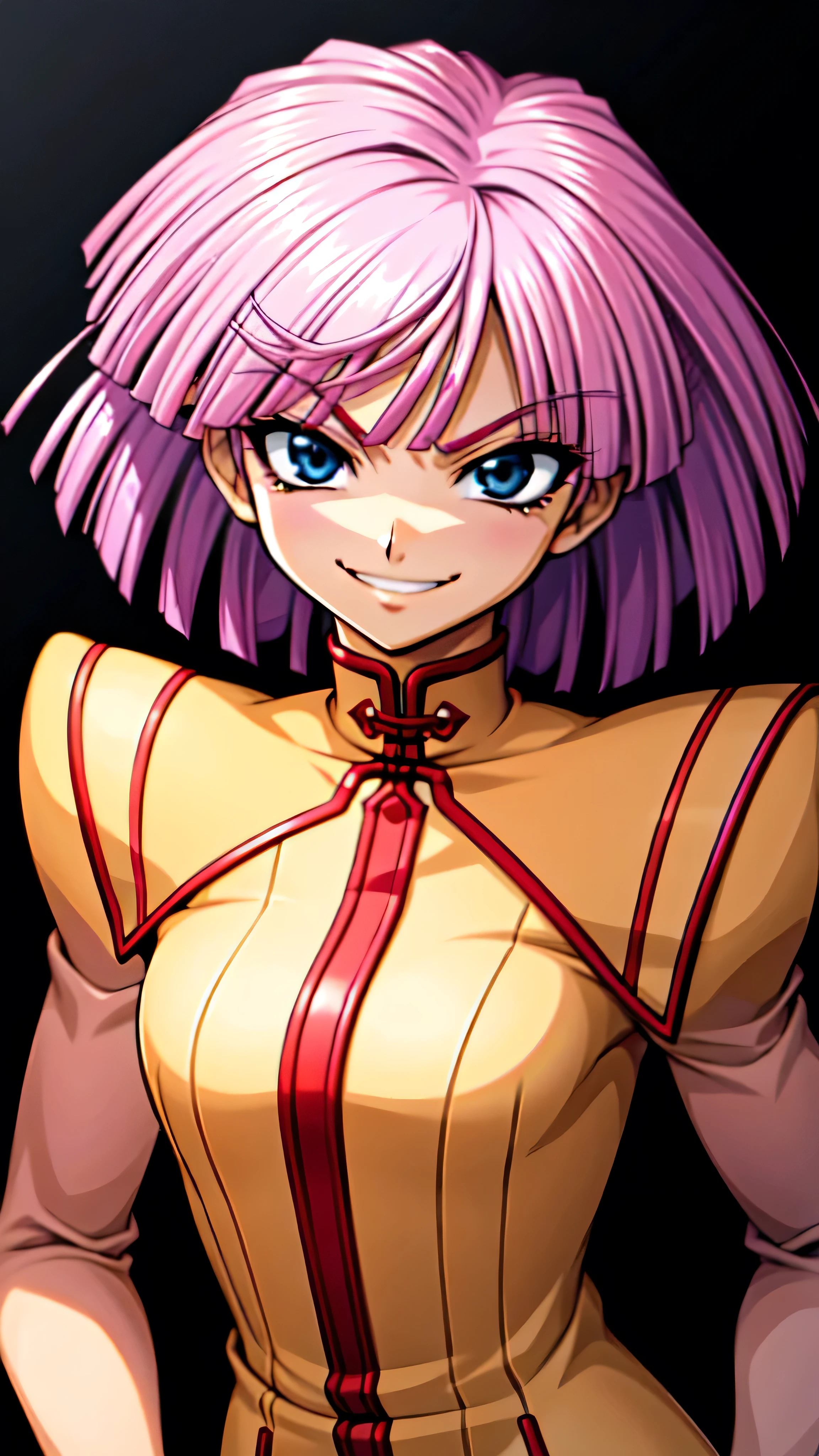(best_quality 4K, 8K, High resolution, Masterpiece: 1.2), ultra detailed),from_below,(anime_screencap),(1girl,solo),dynamic_angle,too evil_smile,too evil laugh at,tis,deep shaded_face,too sadistic smile,smile worst,,bob short hair,,,looking at viewer,upper body,black background,too worst smile,too bad smile,too evil smirk,,too sadistic smirk,deep dark face,