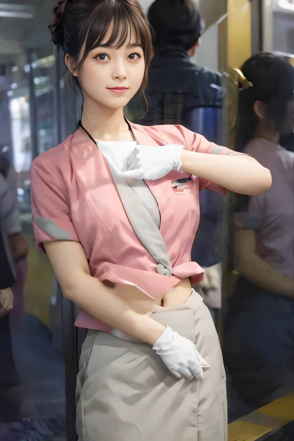 Showing your belly button、(masterpiece:1.2, Highest quality:1.2), 32k HDR, High resolution, (alone、1 girl)、 (Height: 160cm)、(On the rooftop of a building in the daytime、Professional Lighting)、Building rooftop background、(Nankai train crew uniform pinkを着たリアルスタイル)、(Nankai train crew uniform pink short sleeve collarless pink jacket、Nankai Train Crew Uniform Pink Collarless Short Sleeve Blouse、Nankai Train Crew Uniform Pink Grey Knee-length Culottes)、(The pink jacket is showing from the culottes.)、Dark brown hair、(Hair tied up、Hair tied up、Evening curly hairstyle)、Dark brown hair、Long Shot、Big Breasts、Thin legs、((Great hands:2.0)),((Harmonious body proportions:1.5)),((Normal limbs:2.0)),((Normal finger:2.0)),((Delicate eyes:2.0)),((Normal eyes:2.0)))、smile、(Nankai Train Crew Uniform Pink Grey Knee-length Culottesを見せた美しい歩く姿)、Place your hands around your stomach
