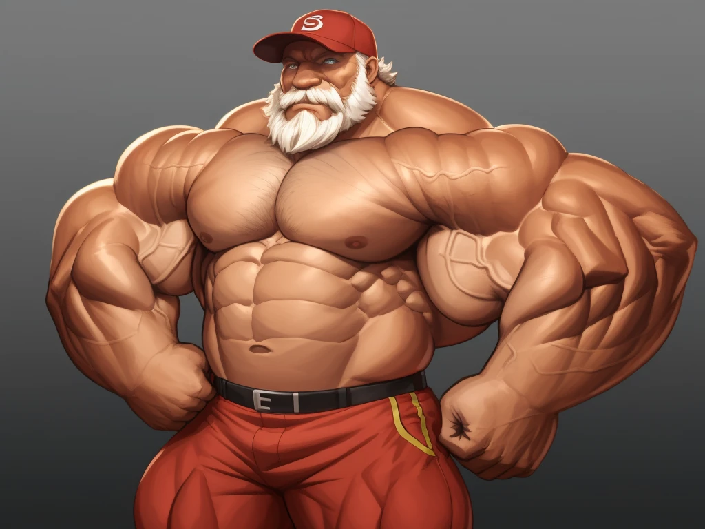 thick lineart, lineart, solo, 1boy, perfect anatomy, perfect proportion. Huge Muscular Old man wearing baseball hat, flexing muscle, view from side, pectoral, thick arms, huge pectoral, wide pectoral, short white hair, short pants and shirtless, red bearded, simple background, masterpiece, semirealistic:1.2, high detailed, 8k, high resolution, perfect center, full view. ((really big muscle, massive muscular, sixpack, thick arms, wide pectoral, super huge muscle, hyper muscular, over sized muscle, huge arms, big arms, huge pectoral))