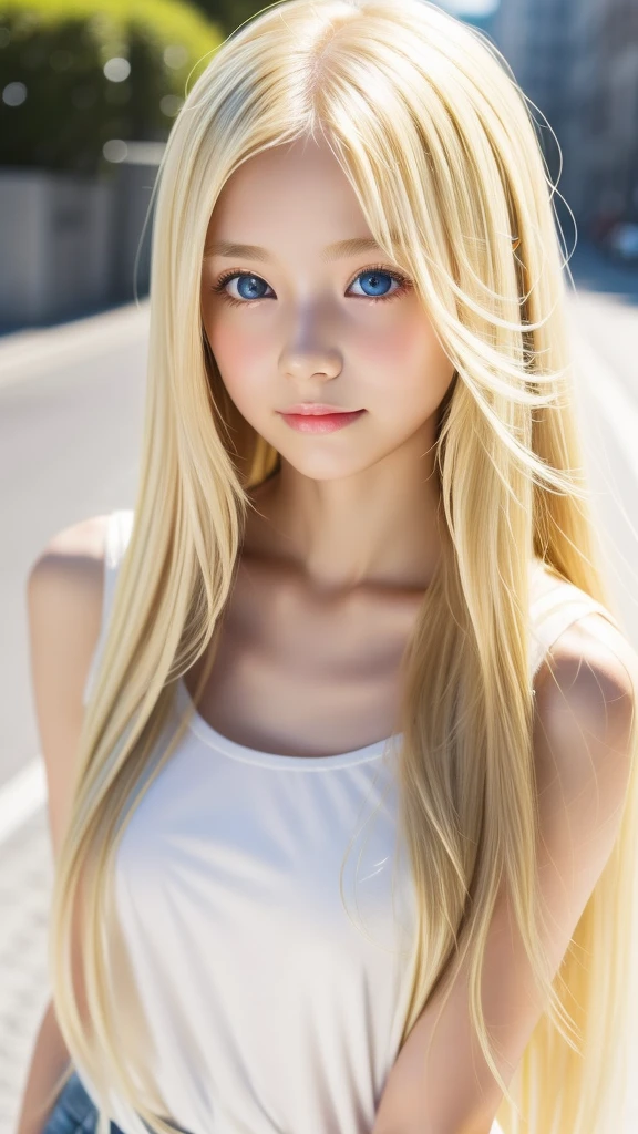 Super long straight hair、Beautiful blonde girl posing in a white top、Slap in the face、Bangs that cover the eyes、blonde hair above eyes、beautiful girl in real life、16-year-old blonde beautiful girl、Beautiful platinum blonde beauty、so beautiful, bright, 大きなbright青い目、very big bright eyes