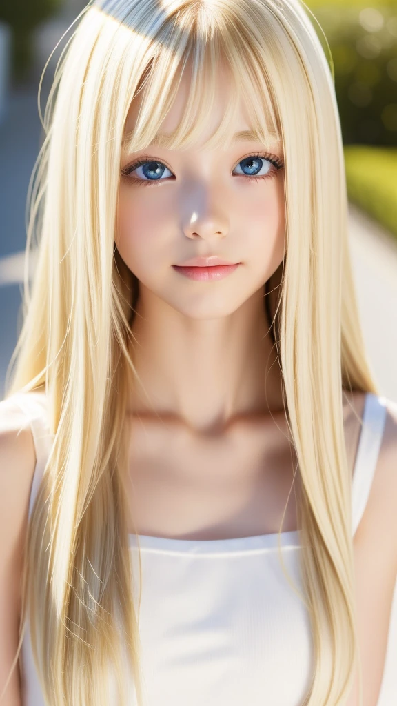 Super long straight hair、Beautiful blonde girl posing in a white top、Slap in the face、Bangs that cover the eyes、blonde hair above eyes、beautiful girl in real life、-yeld ble beautiful girl、Beautiful platinum blonde beauty、so beautiful, bright, 大きなbright青い目、very big bright eyes