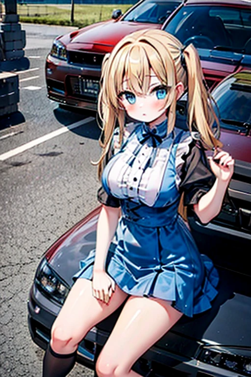 Highest quality,Blonde with blue eyes、ta、Large Breasts、Twin tails、Girl Brat,Nissan GTR,driving seat,