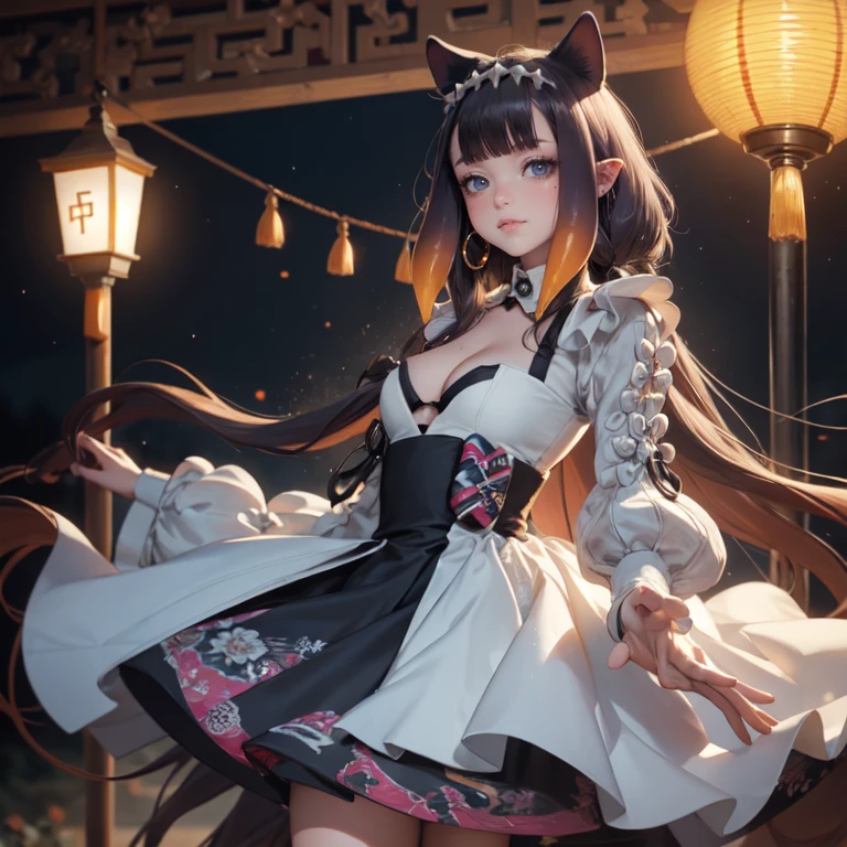 Ninomae Ina'nis, VTuber, violet hair, orange hair, multicolored hair, long hair, ornament hair, cat ears, perfectly body, perfectly hands, flowing hair, maid, maid dress, maid headdress, maid apron, white apron, holding a lantern, Chinese lantern, shrine scenery, white roses on focus, gold lantern, Chinese style, Chinese maid dress, violet dress, more details on her clothes, black dress with transparency, golden details, night, smiling, ((4k, masterpiece, top-quality)),8k, best quality, high resolution, HD, (illustration:0.8), super cute girl, delicate and beautiful face, mature girl, super cute hairstyle, (beautiful detailed eyes:1.6), extremely detailed face, perfect lighting, extremely detailed CG, (perfect hands, perfect anatomy), Best quality, cleavage, small skirt, full Body, two arms, two legs, two hands, five fingers