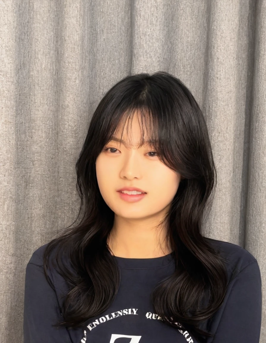 Best Quality, 8k, Masterpiece, (Portrait: 1.3), (photo realistic:1.4), (hyper realistic:1.4), Sharp Focus, looking at viewer, (smoother lighting:1.1), (increase cinematic lighting quality:0.9), realistic lighting, backlighting, light on face, ray trace, (brightening light:1.2), (Increase quality:1.4), sharp detail, (best quality real texture skin:1.4), finely detailed eyes, black_eyes, finely detailed face, 25 year old Korean woman, (navy t-shirt:1.4), (Create an image maintaining the original base model hairstyle:1.5)