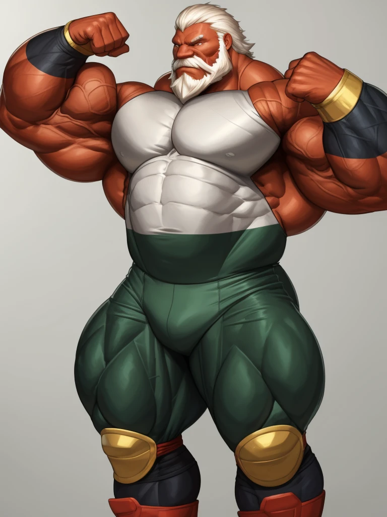 solo, 1boy, perfect anatomy, perfect proportion. Huge Muscular Old man wearing wrestler suits, flexing muscle, view from side, pectoral, thick arms, huge pectoral, wide pectoral, short white hair, red beard and hair, simple background, masterpiece, semirealistic:1.2, high detailed, 8k, high resolution, perfect center, full view. ((really big muscle, massive muscular, sixpack, thick arms, wide pectoral, super huge muscle, hyper muscular, over sized muscle, huge arms, big arms, huge pectoral))
