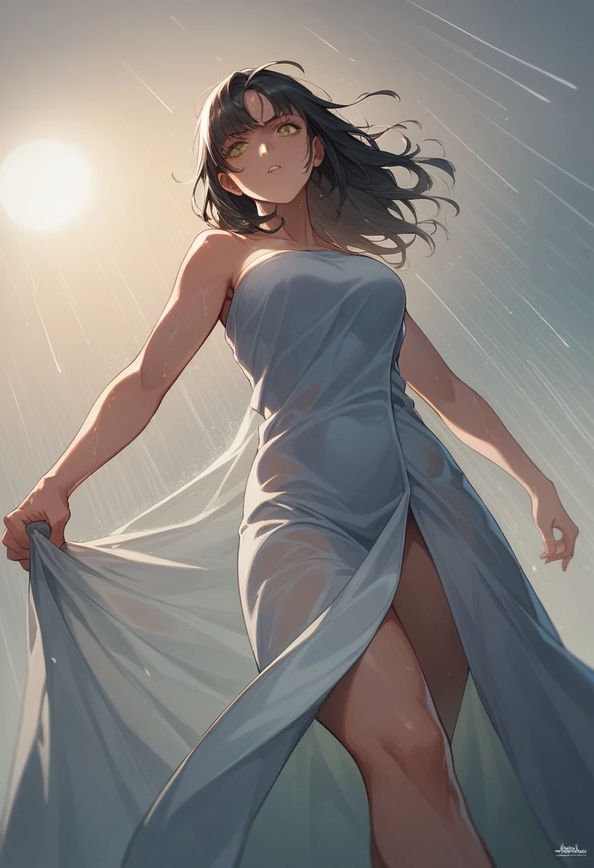 Original photo of three beautiful Indonesian girls wrapped in towels around their bodies being chased by a crocodile running towards. Super wide angle and smooth lighting. Clear and bright colors with a rainy beach background, logo above "3D BANG ROMA".