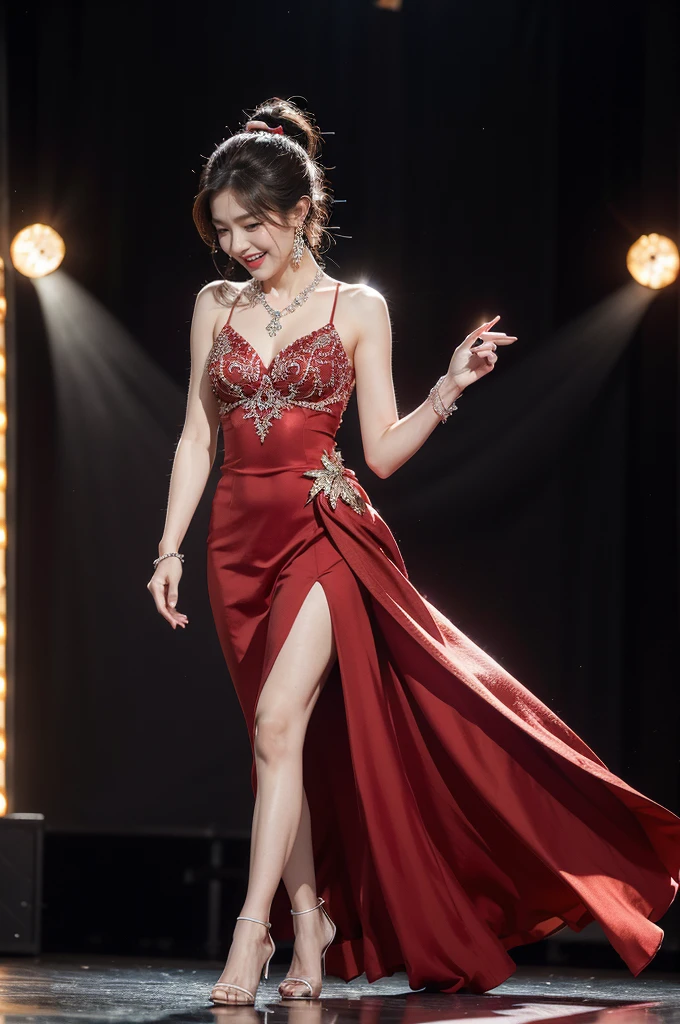 (((best quality))),(((ultra detailed))),(((masterpiece))),illustration, 1girl,singer,solo,short ponytail,open mouth,laughing,slim,thin,flat chest,small breasts,earrings,necklace,Maxi gorgeous sparkled red gown,slender legs,high heels,on the stage, performance, passion, confidence, elegance, lighting effects, decorations, audience, melodious voice, beautiful appearance, captivating performance,standing,full body,from front