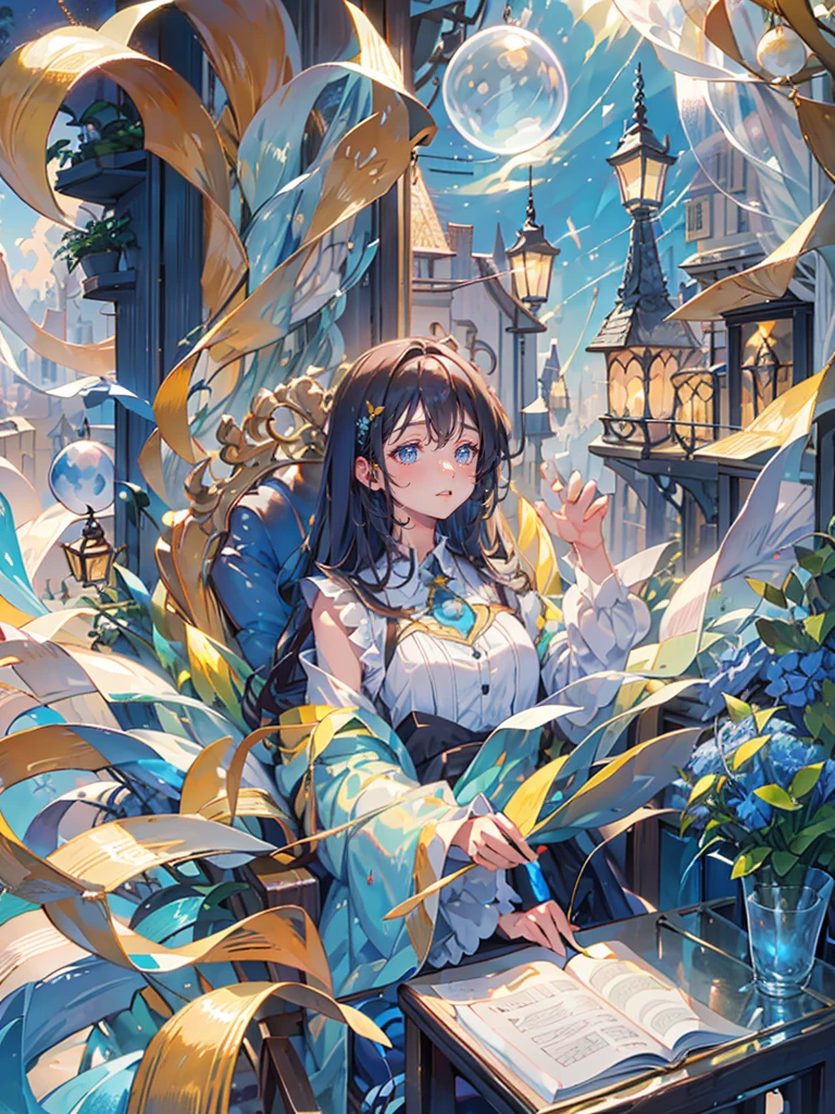 A world in dreams,fantastic townscape, Blue World, Poured Light, Sparkling glass balls