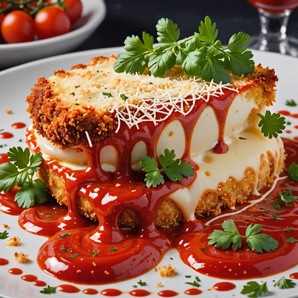 Close-up photo of a parmigiana fillet,  cherry tomato sauce,  parsley,  chic arrangement,  swirly vibrant colors,  covered with a generous layer of melted cheese, and breaded with breadcrumbs,
and a rich, vibrant tomato sauce.