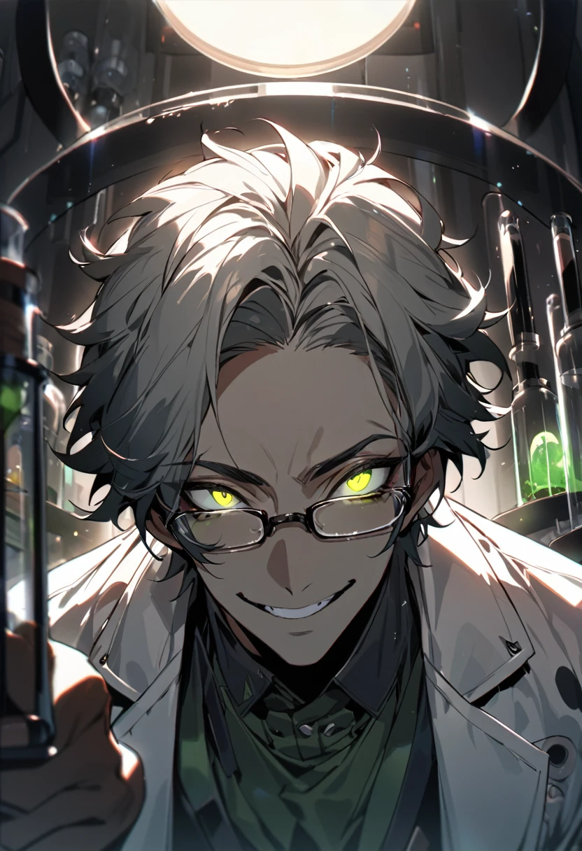 (masterpiece, best quality), detailed face, solo, 1man, messy short hair, bishounen, mad scientist, scientist coat, glasses, lens flare, maniacal smile, sharp eyes, glowing eyes, holding science test tube, in laboratory, dark shadows, contrast, science, sinister, portrait, below perspective, handsome
